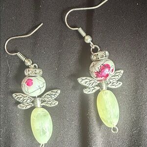 Elegant Silver and  White Stone Angel Earrings with a splash of Pink